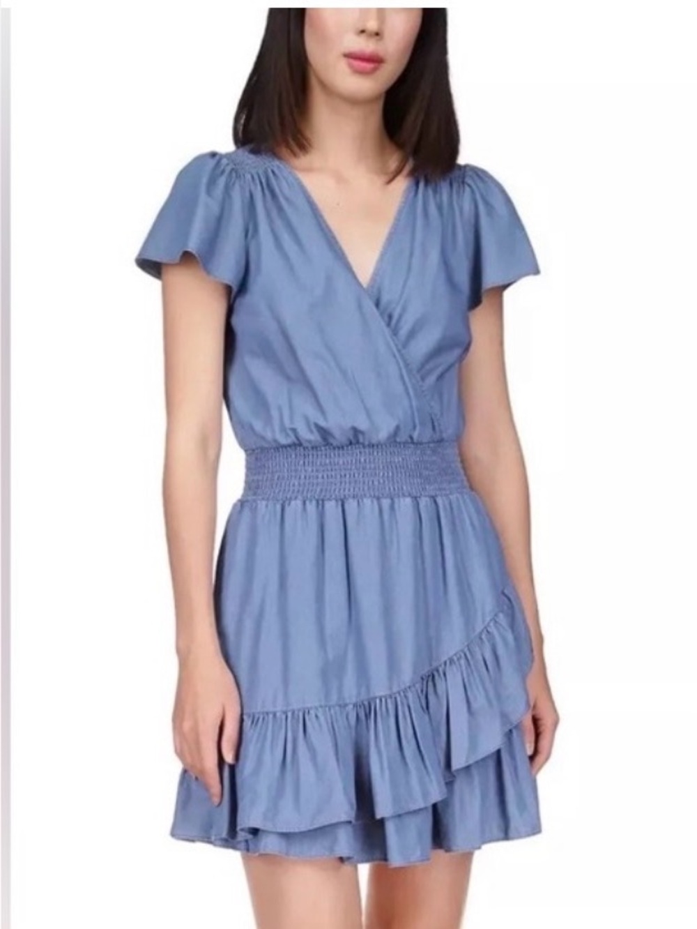 Michael Kors Light Blue Faux Denim Wrap Smocked Waist Mini Dress